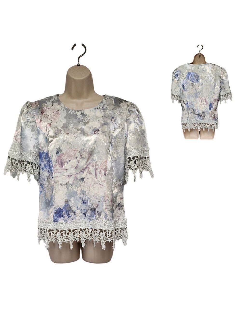 David Rose Vintage Floral Lace Multicolor Lilac Short Sleeve Blouse  Size 10